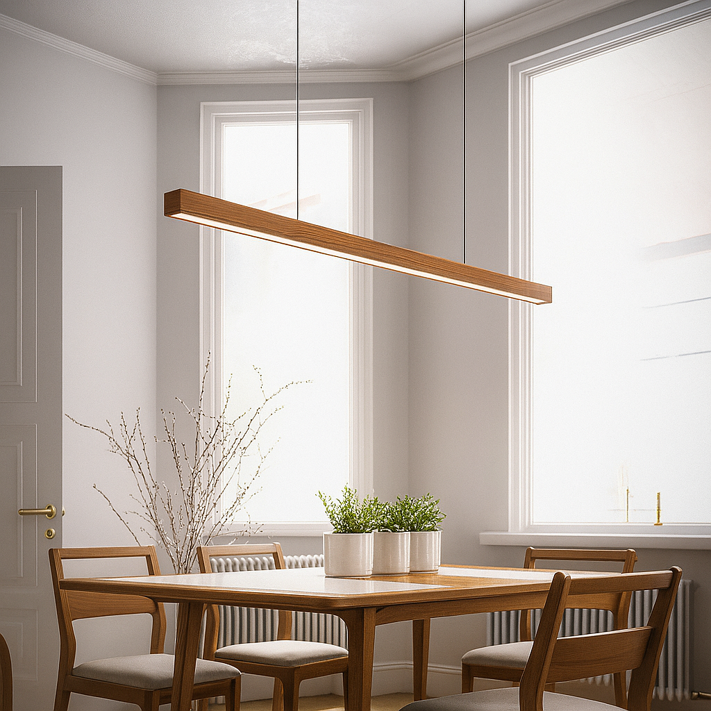 Lineare Pendelleuchte aus Holz