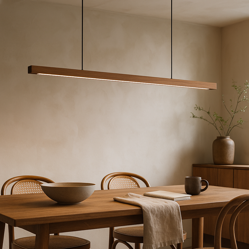 Lineare Pendelleuchte aus Holz