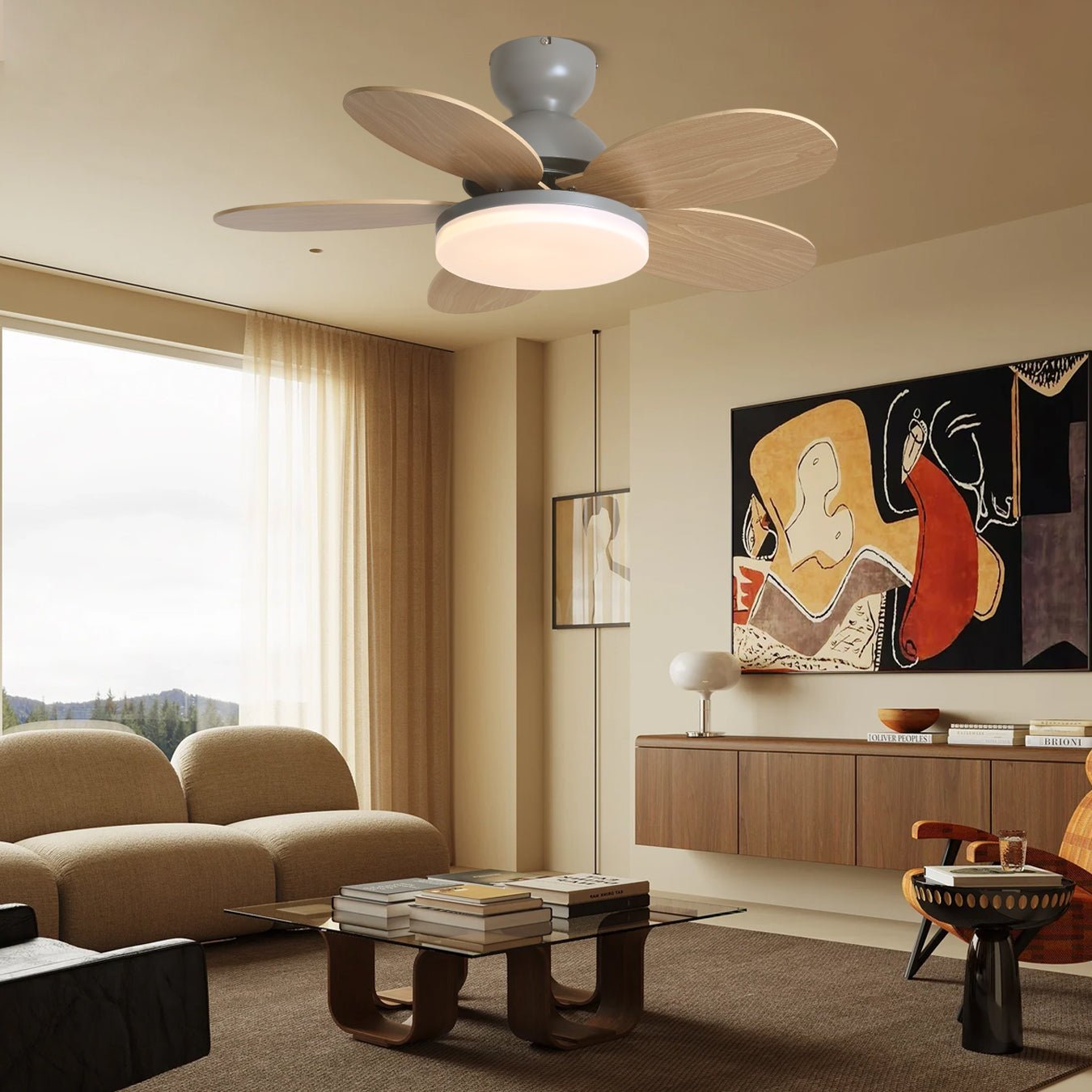 LED Deckenventilator mit blütenblattförmigen Flügeln