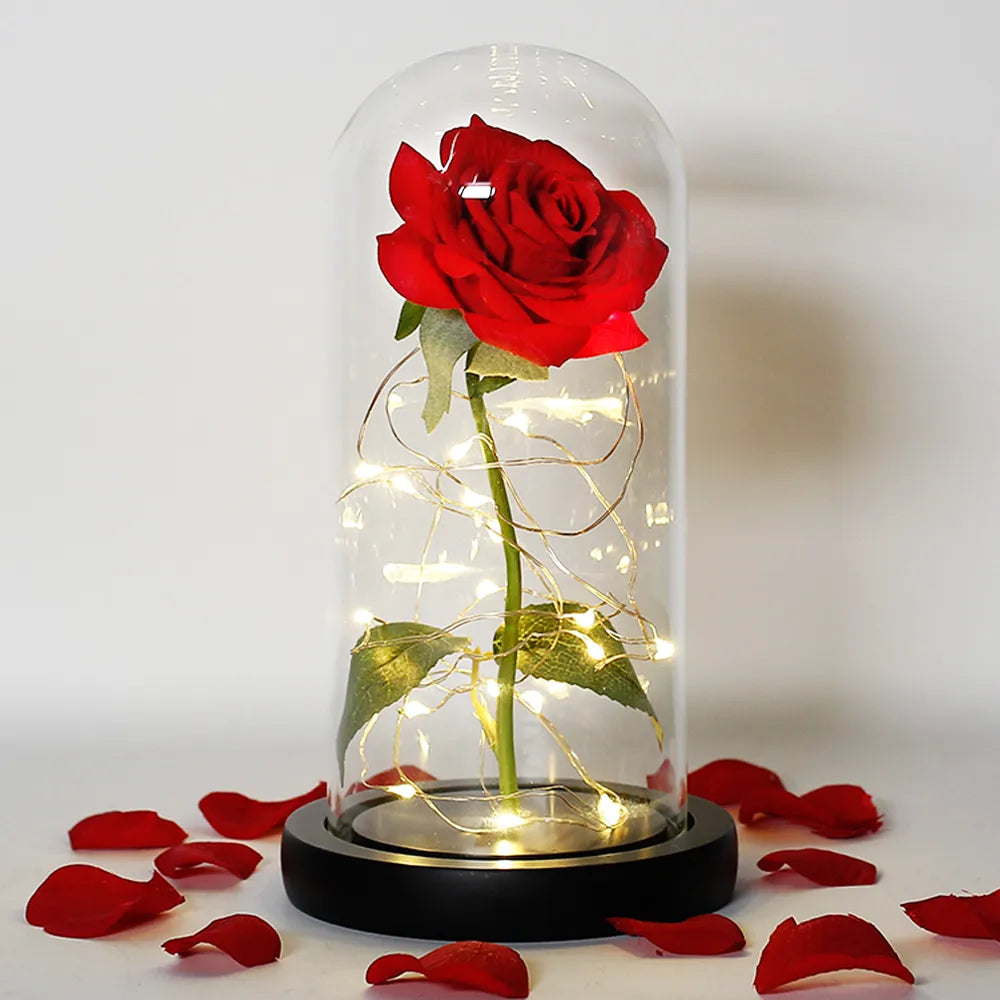 Tischlampe mit konservierter Rosenfigur