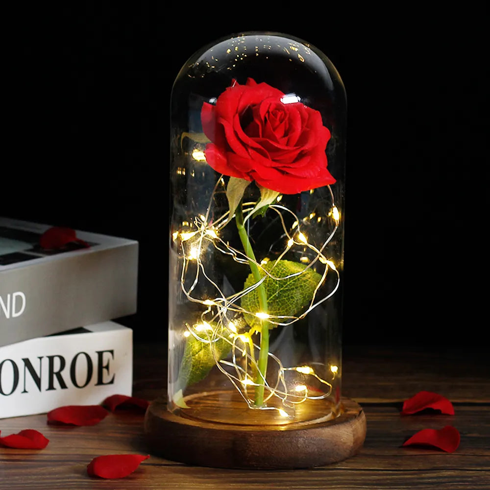 Tischlampe mit konservierter Rosenfigur