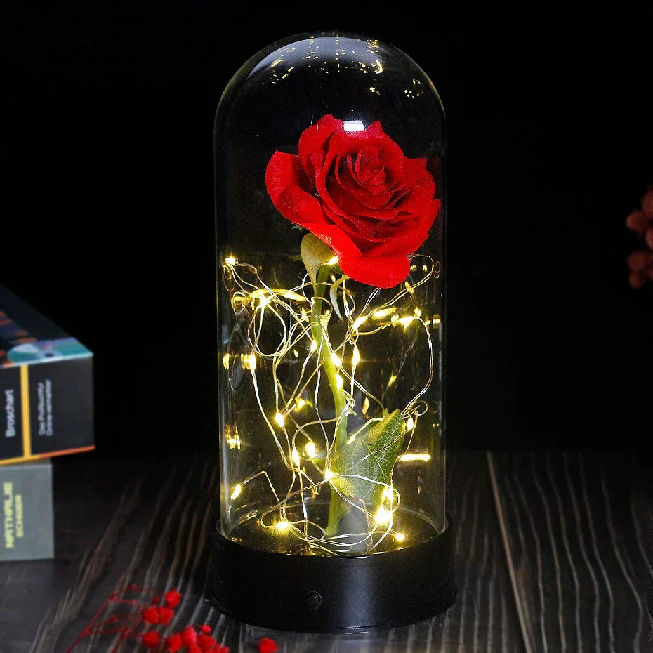 Tischlampe mit konservierter Rosenfigur