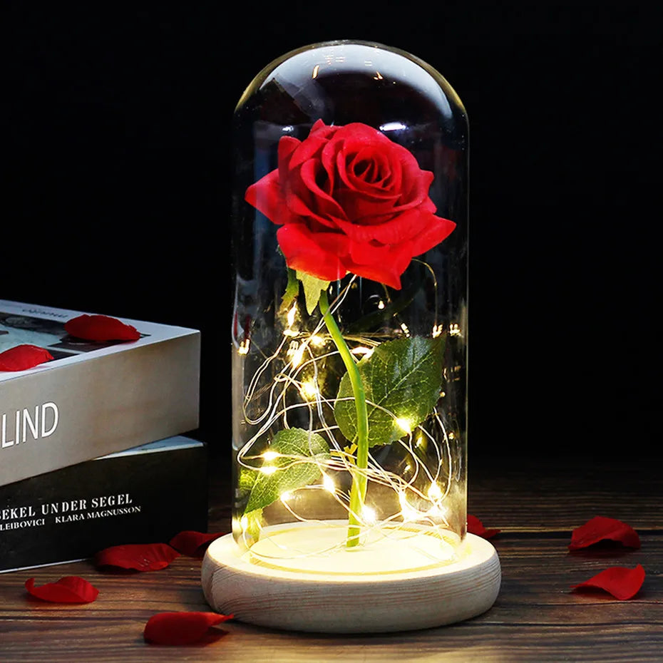 Tischlampe mit konservierter Rosenfigur